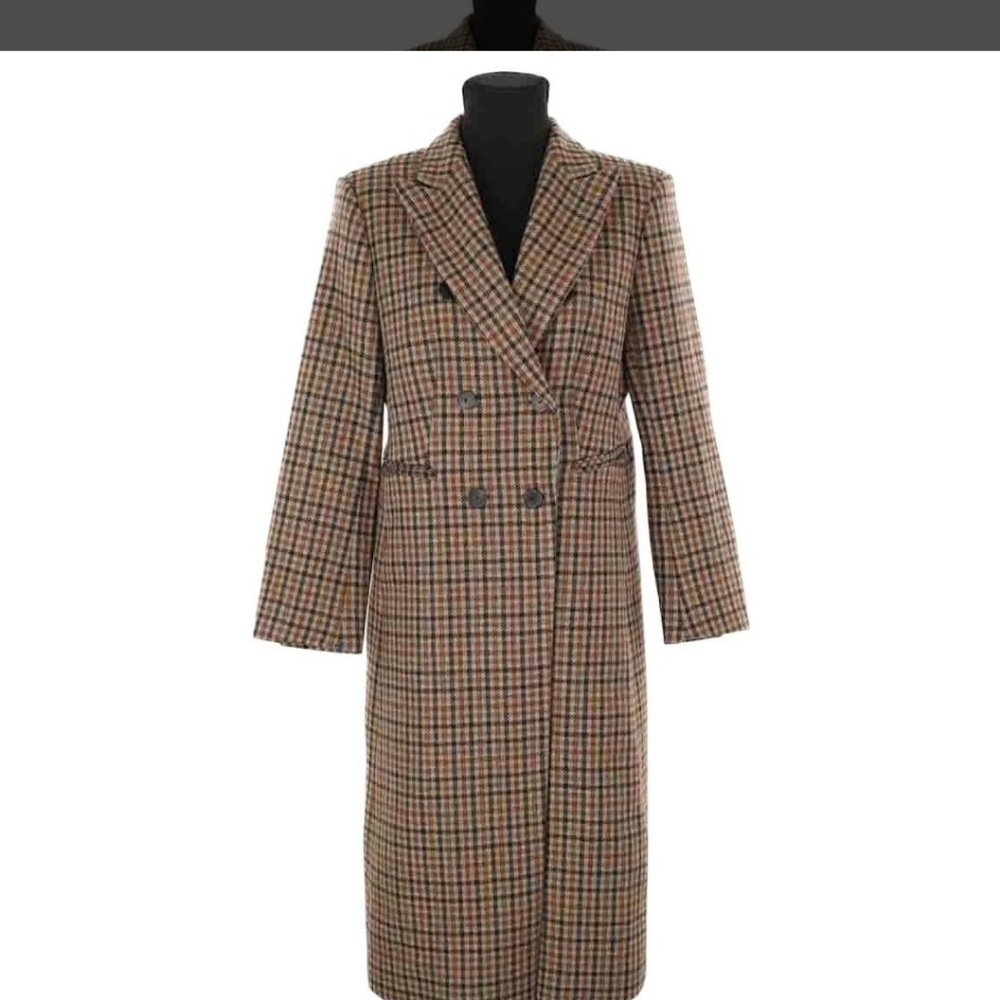 Sandro Wool Coat Plaid Double-Breasted Coat Sz 34